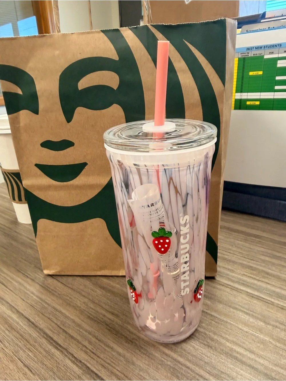 Starbucks Pink Strawberry July 7 drop Pattern Reusable Glads Cold Cup with Straw